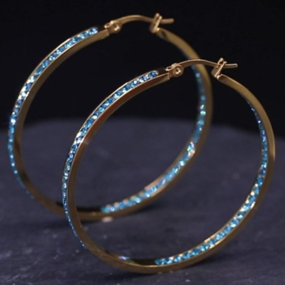 Gold Hoops Aqua Blue Rhinestone Big Sparkle Hoop Earrings Cz Crystal Channel - Picture 8 of 11